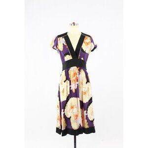 COREY LYNN CALTER Purple Floral 100% Silk Crepe Cap Sleeve A-Line Dress, Size 4